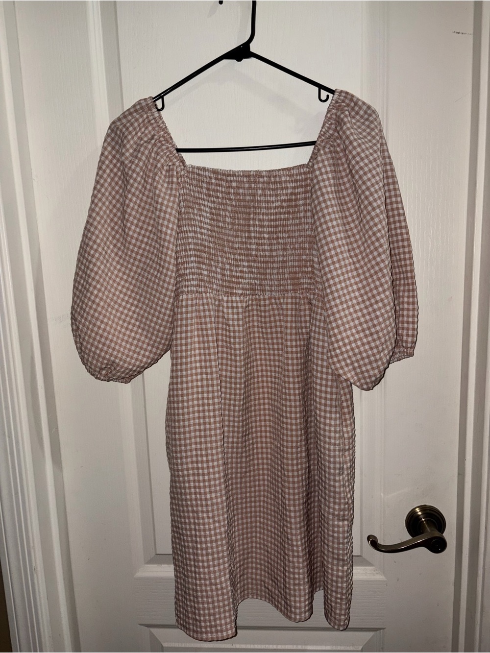 Carly Jean Los Angeles Blush Gingham Midi Dress with Puff Sleeves